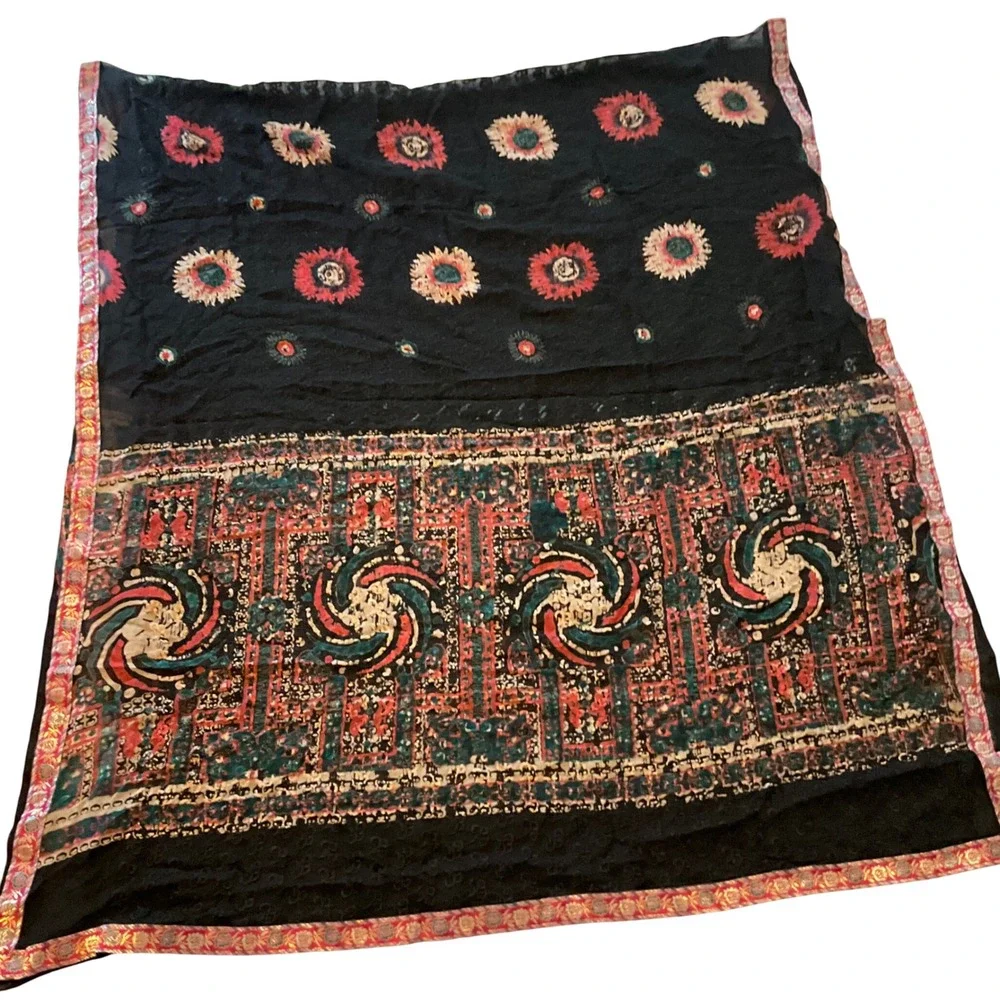 Bohemian Black Floral Scarf Shawl Wrap‎ Exotic Print Border